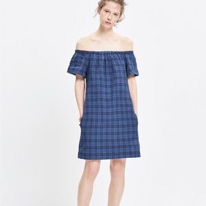 Madewell Women’s Plaid Off Shoulder Cotton Linen Shift Mini Dress, Size 4